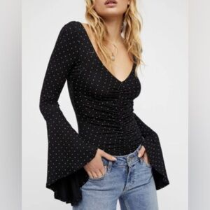 Free People What A Babe Polka Dot Bell Sleeve Blouse Size Small Ruched Double V